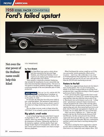 1958 EDSEL PACER CONVERTIBLE American Car Collector January 2015
